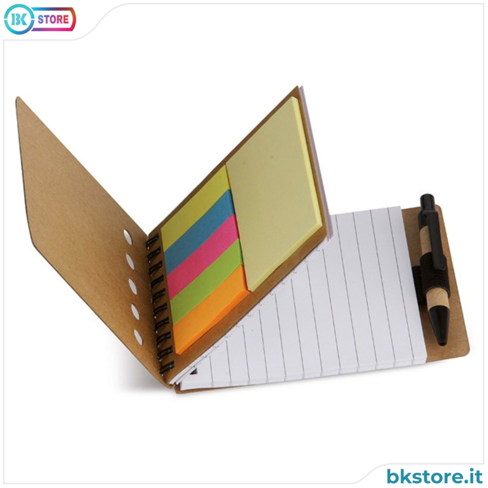 Idea regalo Natale maestre, blocchetto appunti con post-it e penna in cartone riciclato e plastica biodegradabile