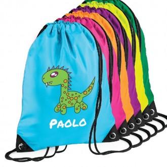Sacca zainetto per bambini per la scuola materna o asilo nido, personalizzata con dinosauro e nome