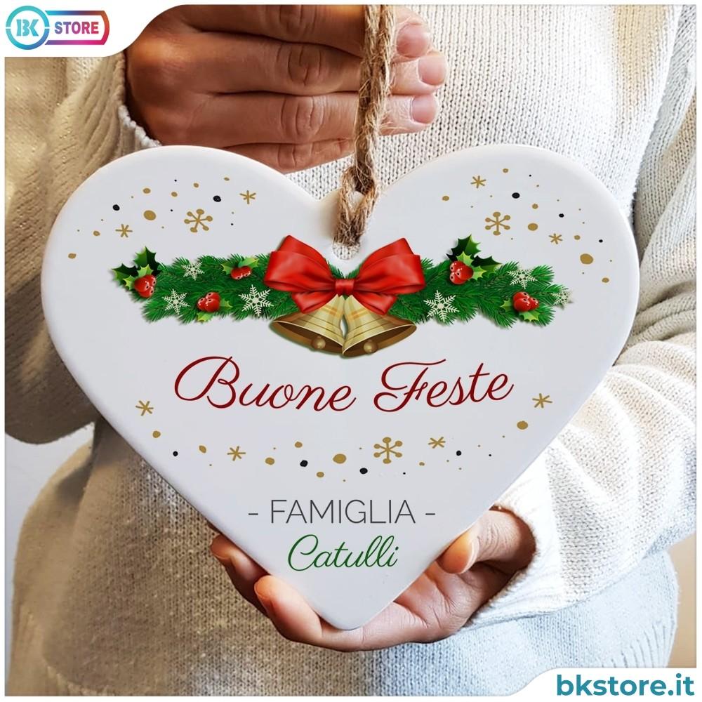 Regalo natalizio cuore in ceramica "Buone Feste" personalizzato