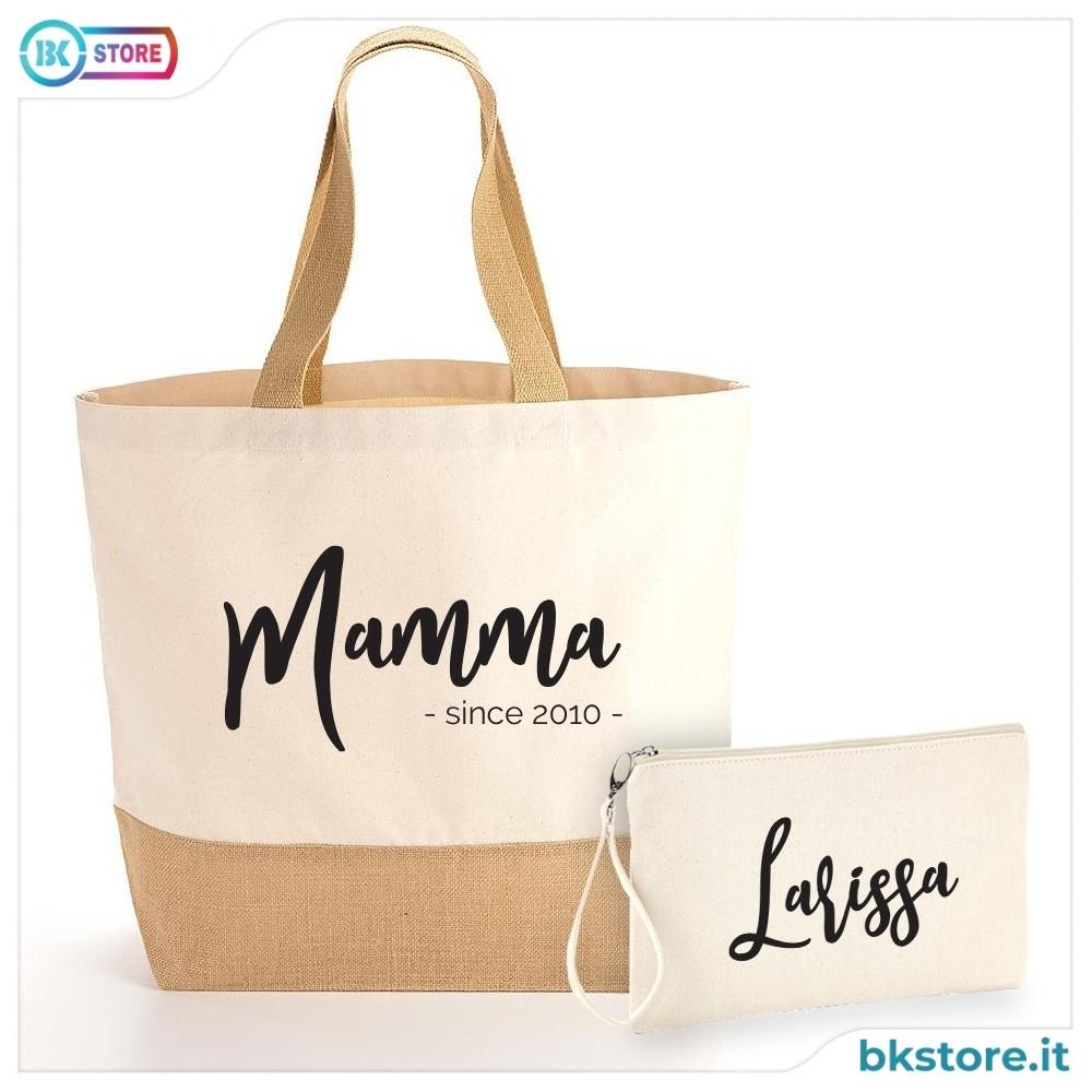 Borsa Shopper e pochette personalizzata per la mamma, in cotone e juta
