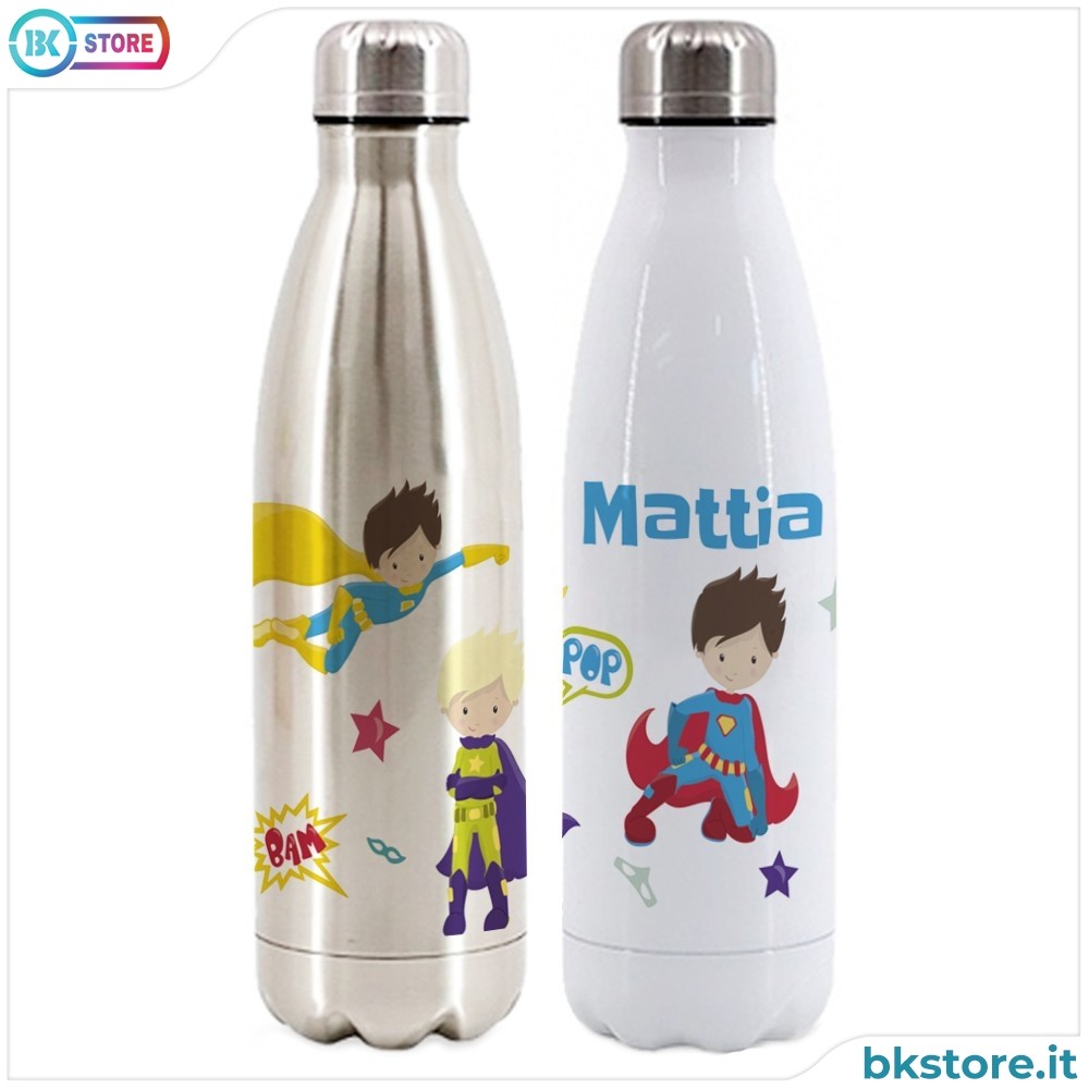 Bottiglia / Borraccia Termica in acciaio per bambino, personalizzata con super eroi e nome