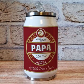 Borraccia lattina regalo per la festa del papà con grafica birra e nome