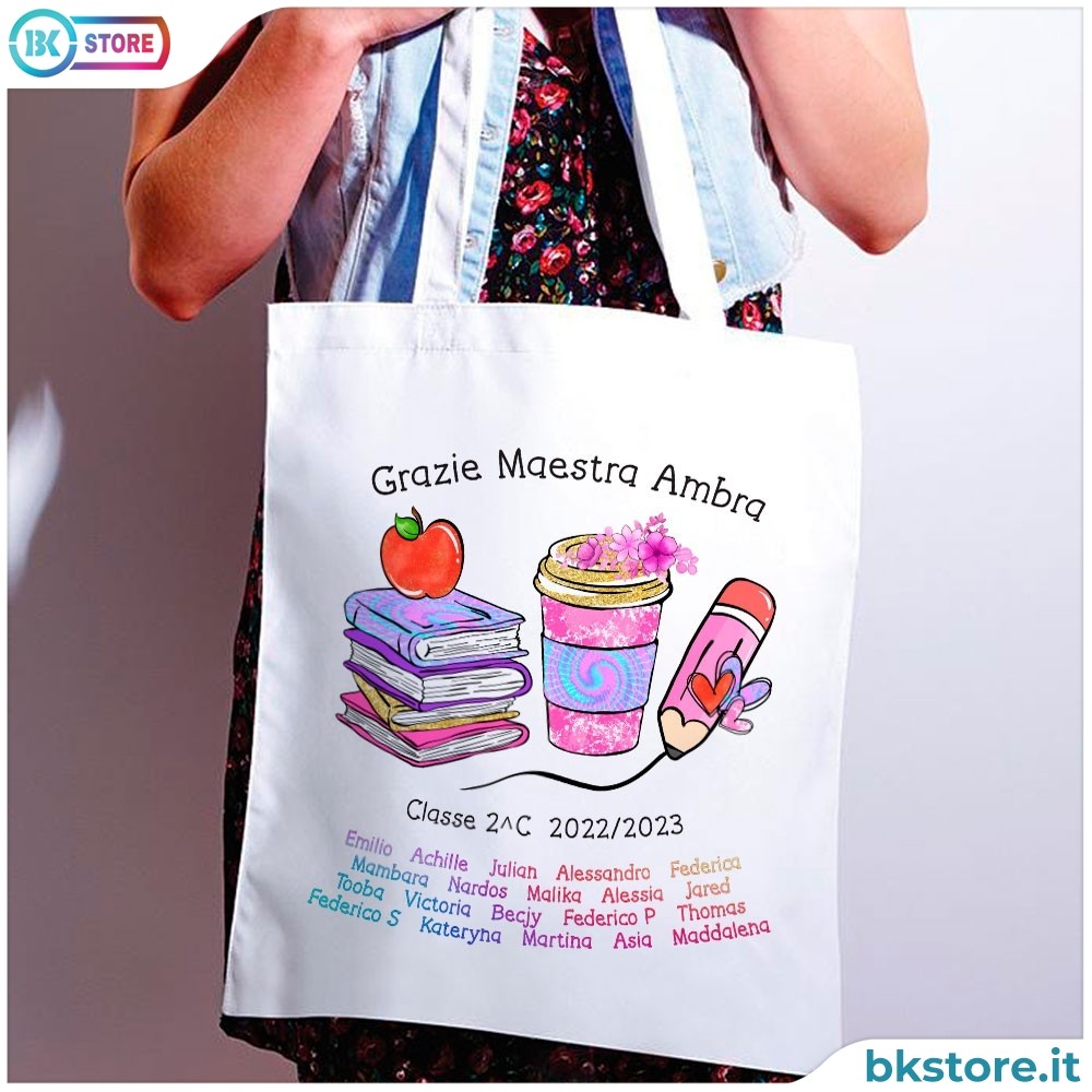 Borsa shopper regalo personalizzato per la maestra, con colorato disegno, nome maestra e nomi bambini