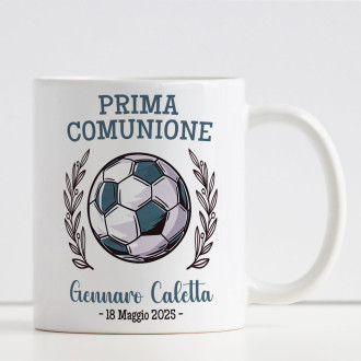 Tazza personalizzata bomboniera comunione o cresima tempa calcio, con nome e data