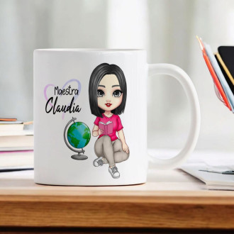 Tazza con avatar maestra personalizzato con viso, capelli, vestiti e accessori, e nomi bambini sul retro