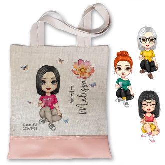 Borsa shopper delux idea regalo per la maestra con avatar personalizzato e nomi bambini