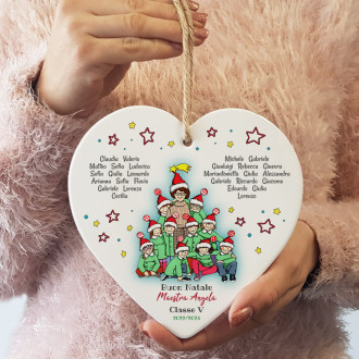 Cuore in ceramica regalo di Natale per la maestra, con avatar maestra e nomi bambini