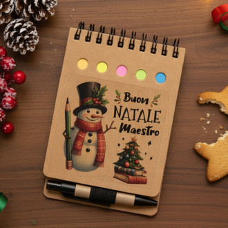 Idea regalo Natale maestro, blocchetto appunti con post-it e penna in cartone riciclato e plastica biodegradabile